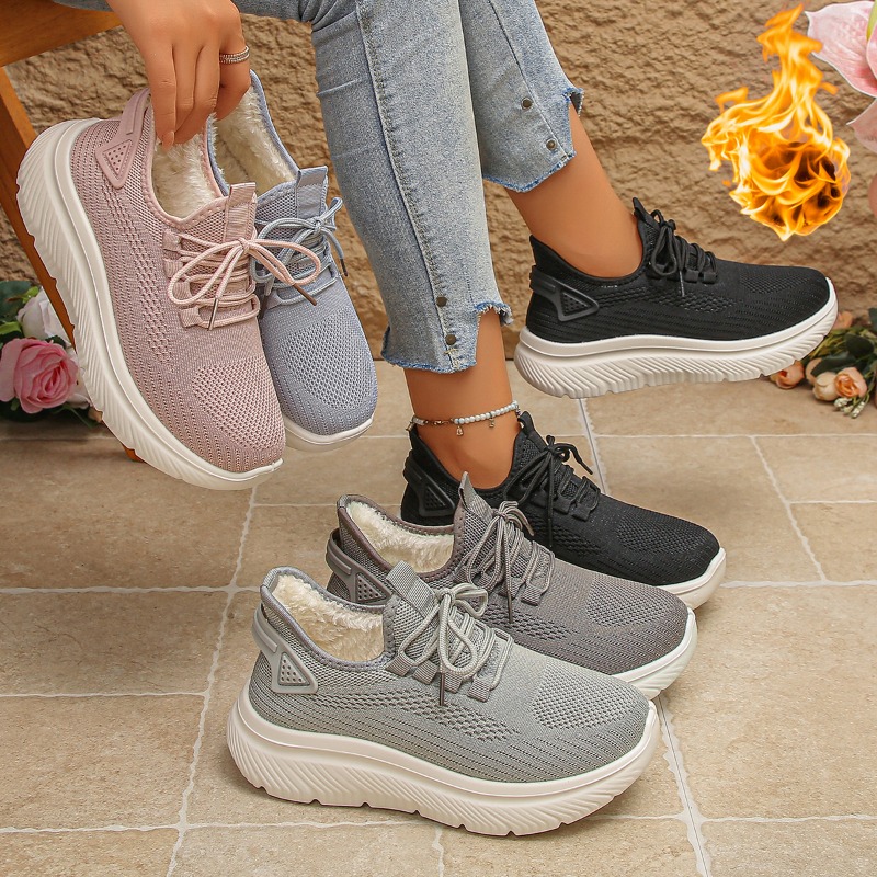 Knit Fabric Lace Up Sneakers - Sepatu Sneakers Wanita untuk Berjalan di