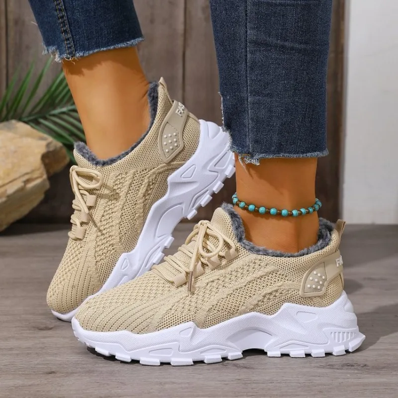 Sepatu Kets Termal Musim Dingi - Knit Fabric Lace Up Sneakers ulasan dan harga