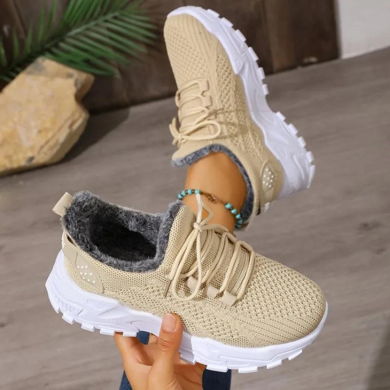Sepatu Kets Termal Musim Dingi - Knit Fabric Lace Up Sneakers ulasan dan harga